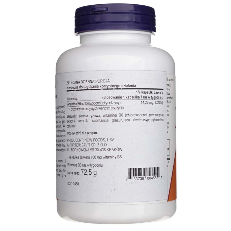 Now Foods Witamina B6 100 Mg 250 Kapsułek | Medpak