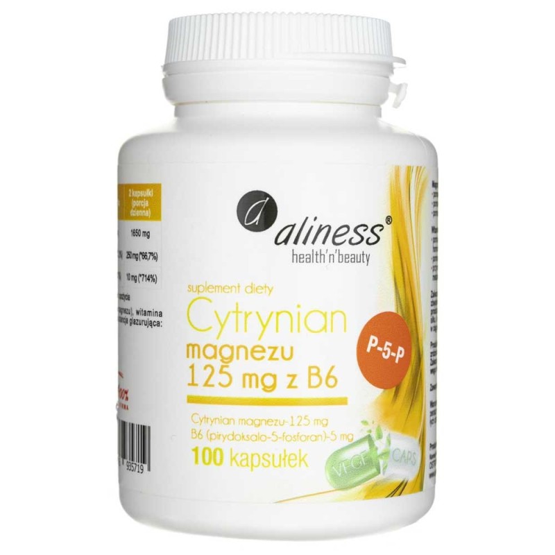 Aliness Cytrynian magnezu 125 mg z witaminą B6 (P-5-P) - 100 kapsułek