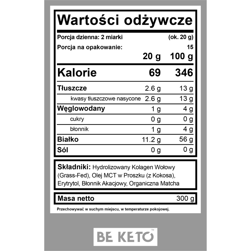 BeKeto Keto Kolagen z Olejem MCT Organiczna Matcha 300 g