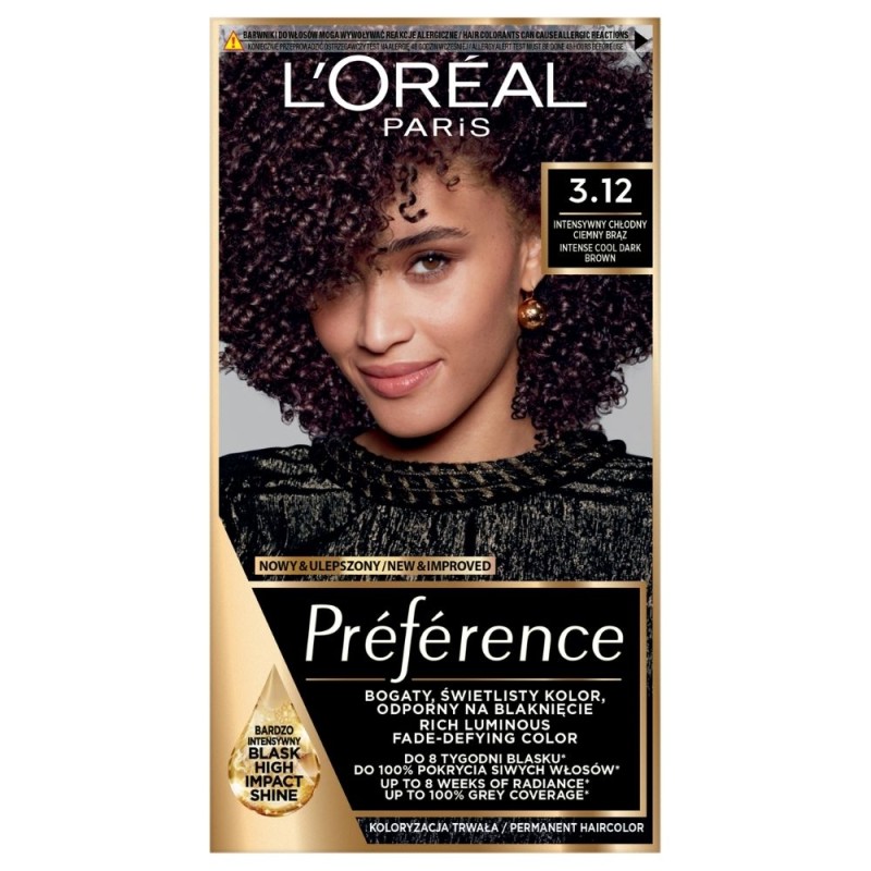 L'Oréal Paris Preference Farba do włosów 3.12 Toronto, Intensywny chłodny ciemny brązowy