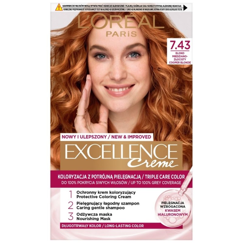 L'Oréal Paris Excellence Creme Farba do włosów, ochronna 7.43 Blond Miedziano-Złocisty