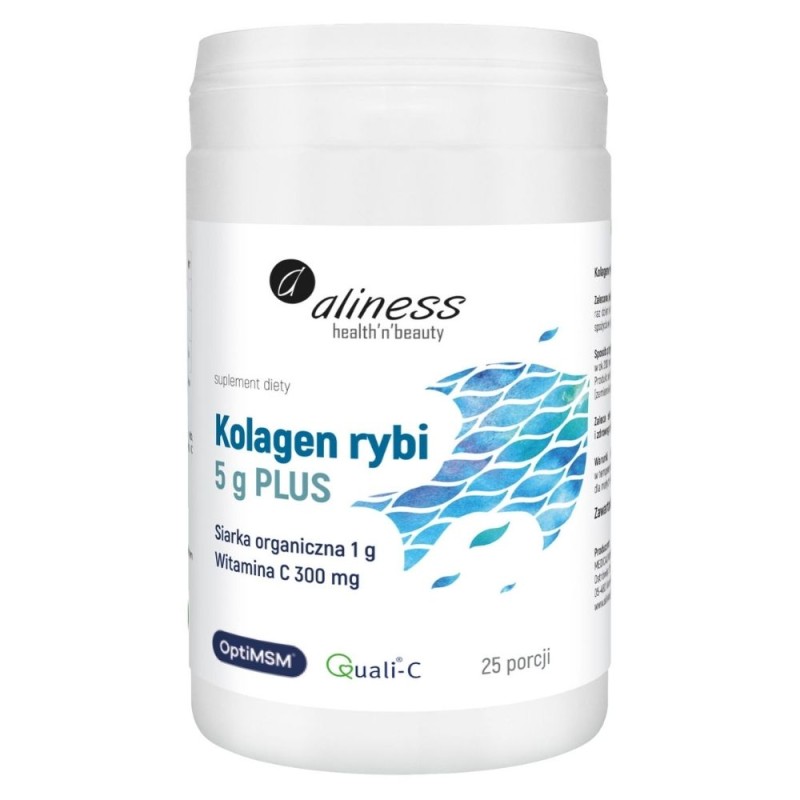 Aliness Kolagen rybi 5 g PLUS siarka OptiMSM, Witamina C - 25 porcji