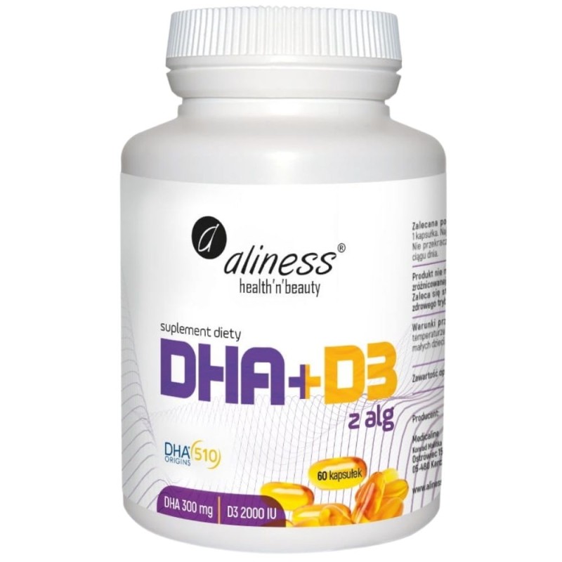 Aliness Omega DHA 300 mg z alg + Witamina D3 2000IU - 60 kapsułek