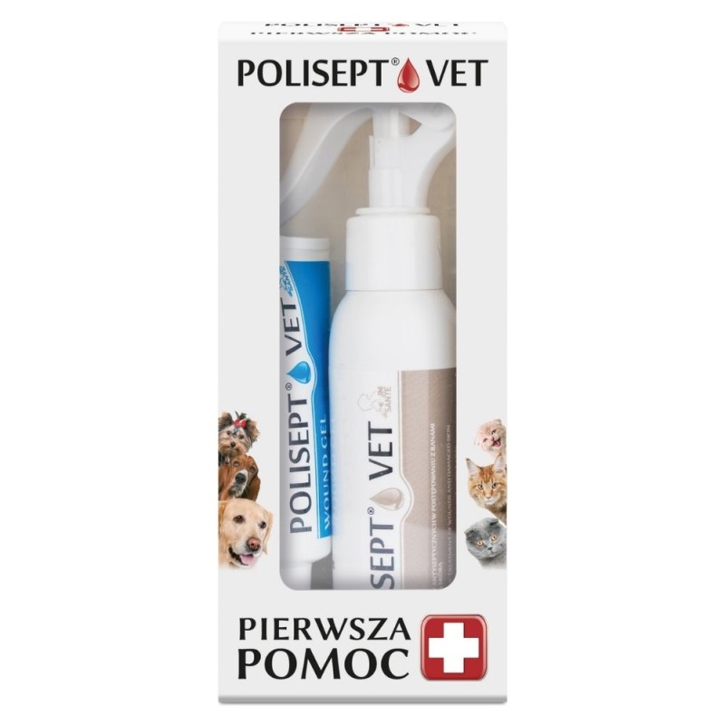 JM Sante Polisept Vet Pierwsza Pomoc Apteczka dla psa i kota - Spray do dezynfekcji + opatrunek w żelu