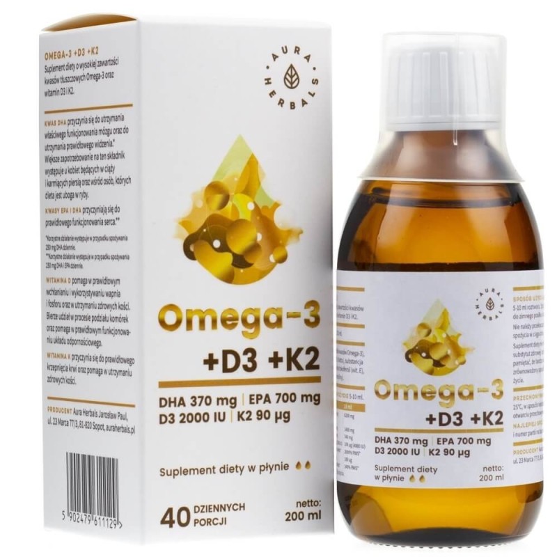 Aura Herbals Omega-3 (370 DHA) + D3(2000IU) + K2MK7 w płynie - 200 ml